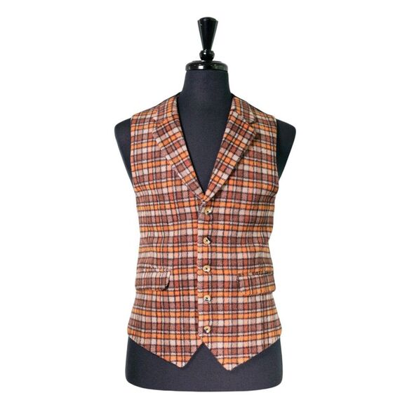 Mens Plaid Vest 42R Orange Brown Beige Wool Waistcoat Large Formal Wedding Party